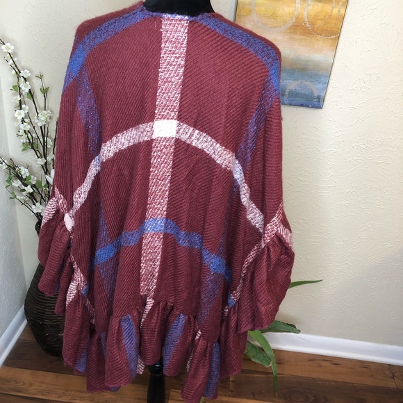 Francesca Robin Ruffle Hem Ruana Plaid Burgundy Blue White Wrap - Picture 7 of 7